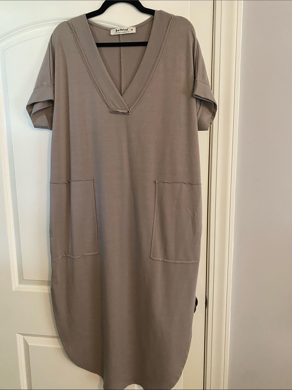 Three Bird Nest Neutral Taupe V-Neck Pocket Midi Dress